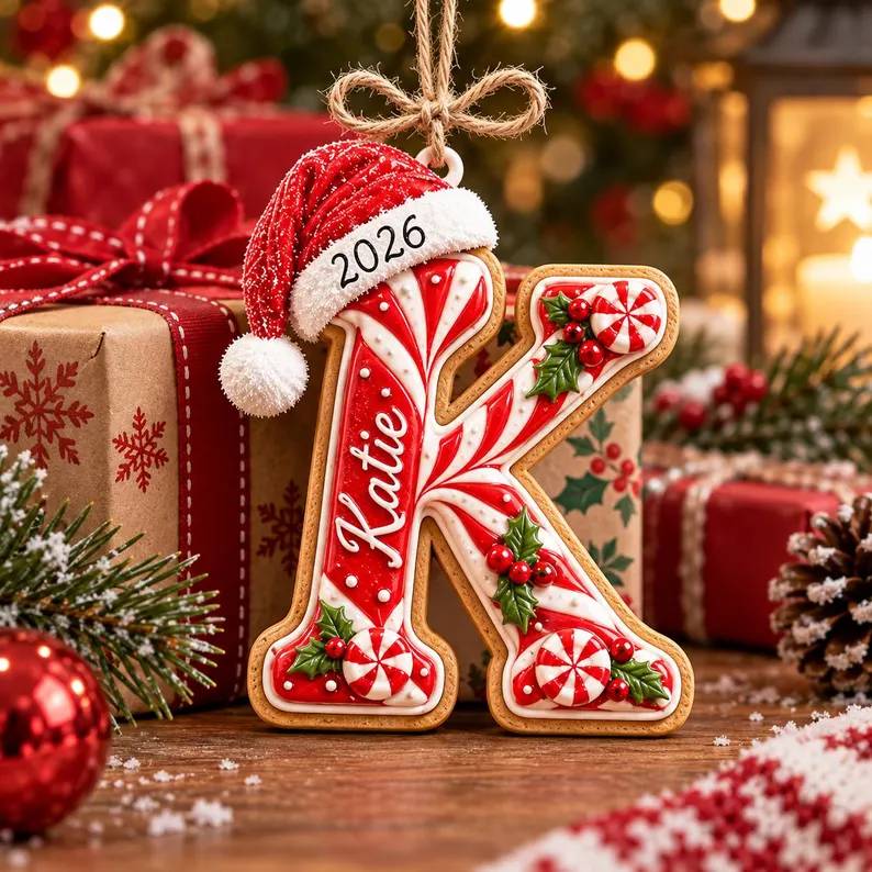 Personalized Peppermint Christmas Letter with Santa Hat Wood Ornament HO82 904276