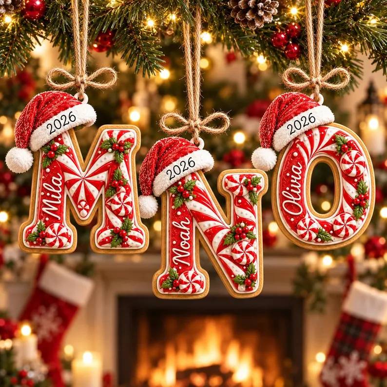 Personalized Peppermint Christmas Letter with Santa Hat Wood Ornament HO82 904276