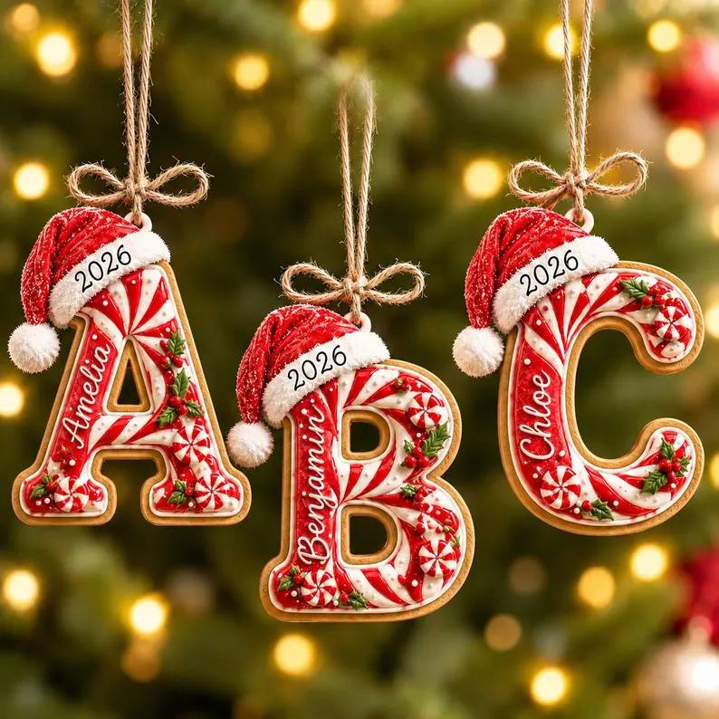 Personalized Peppermint Christmas Letter with Santa Hat Wood Ornament HO82 904276