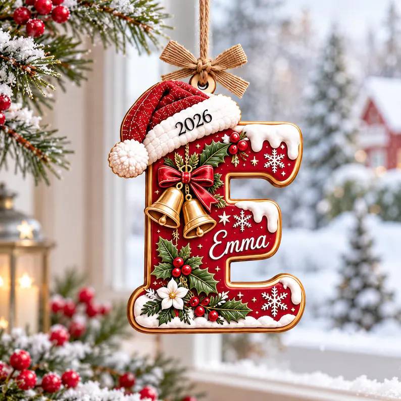 Personalized Initial Letter with Santa Hat Wood Ornament HO82 904272