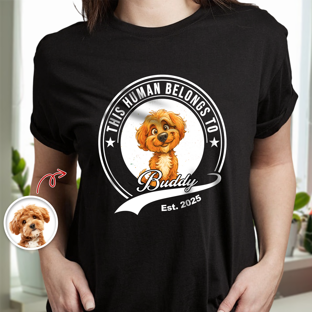 Custom Photo This Human Belongs To Dog Cat With Funny Caricature Style Dark Shirt HO82 894504