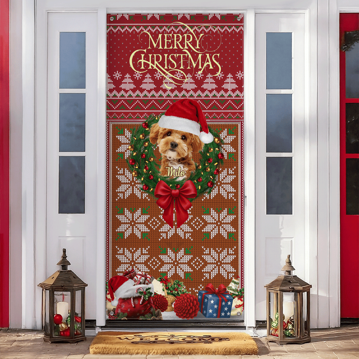 Custom Dog Photo In Wreath Christmas Door Cover Gift For Dog Lovers HO82 900316
