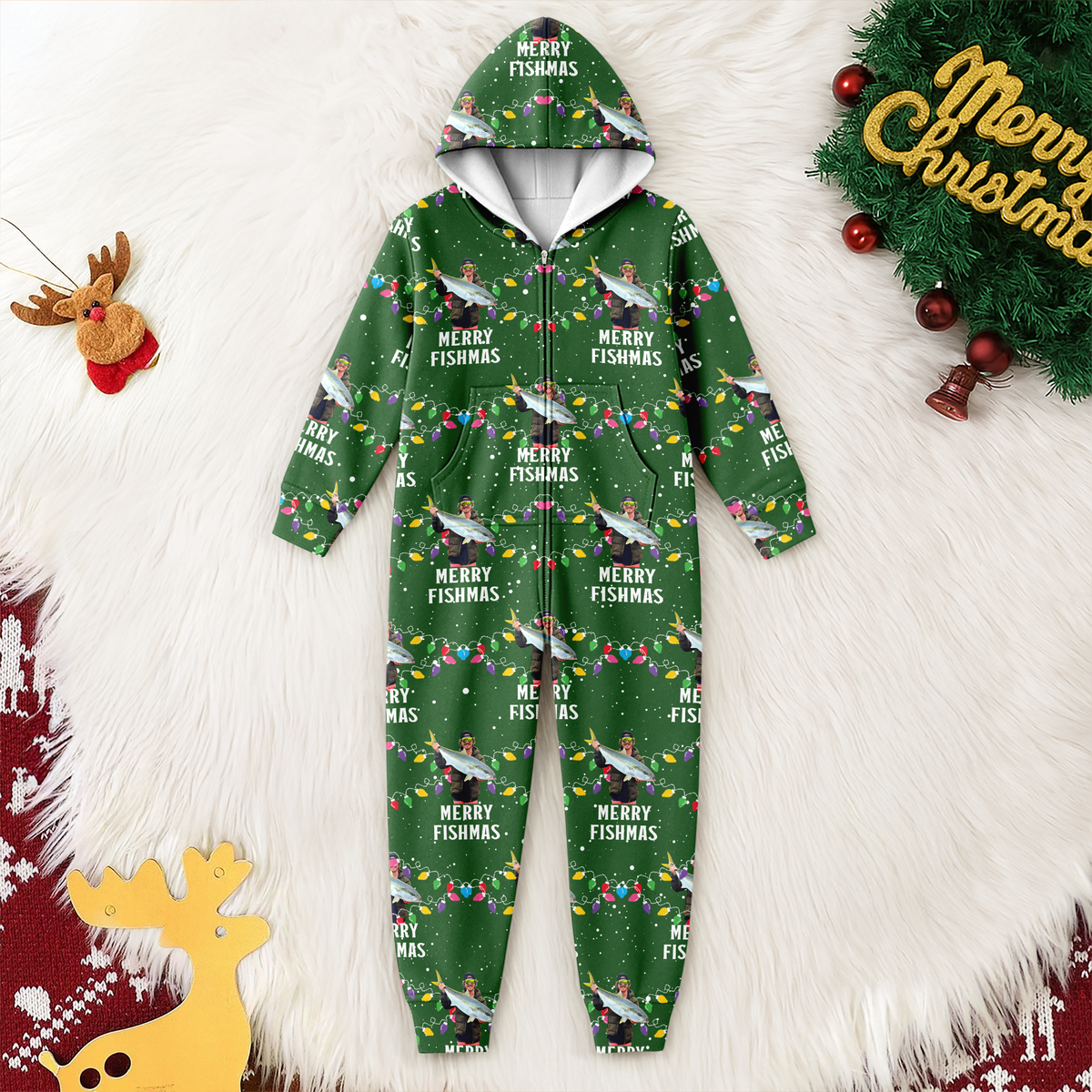 Custom Photo Merry Fishmas Onesie Pajamas, Christmas Gift For Family, Fishing Lovers HO82 900632