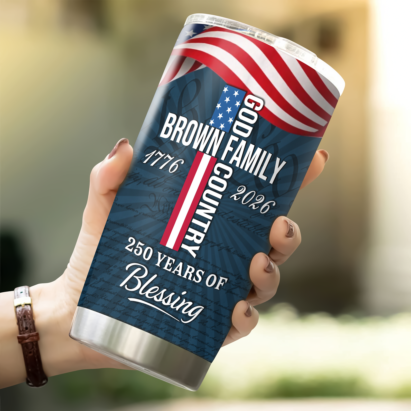 Custom Family Name Patriotic American, 250 Years of Blessing God Fat Tumbler LM32 899015