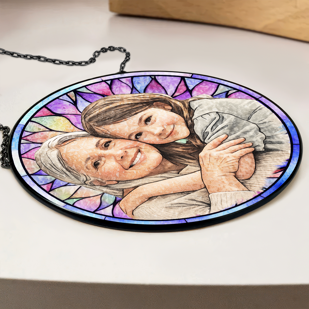Custom Potrait Photo Grandparents With Kid Family Stained Glass Suncatcher, Mother's Day Gift LM32 899257