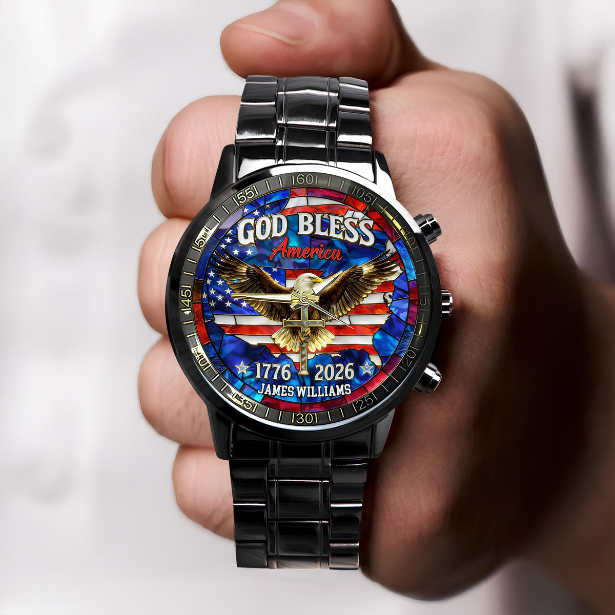 Personalized Name Patriotic 250th Anniversary God Bless America Eagle 1776–2026 Men's Wrist Watch HO82 901558