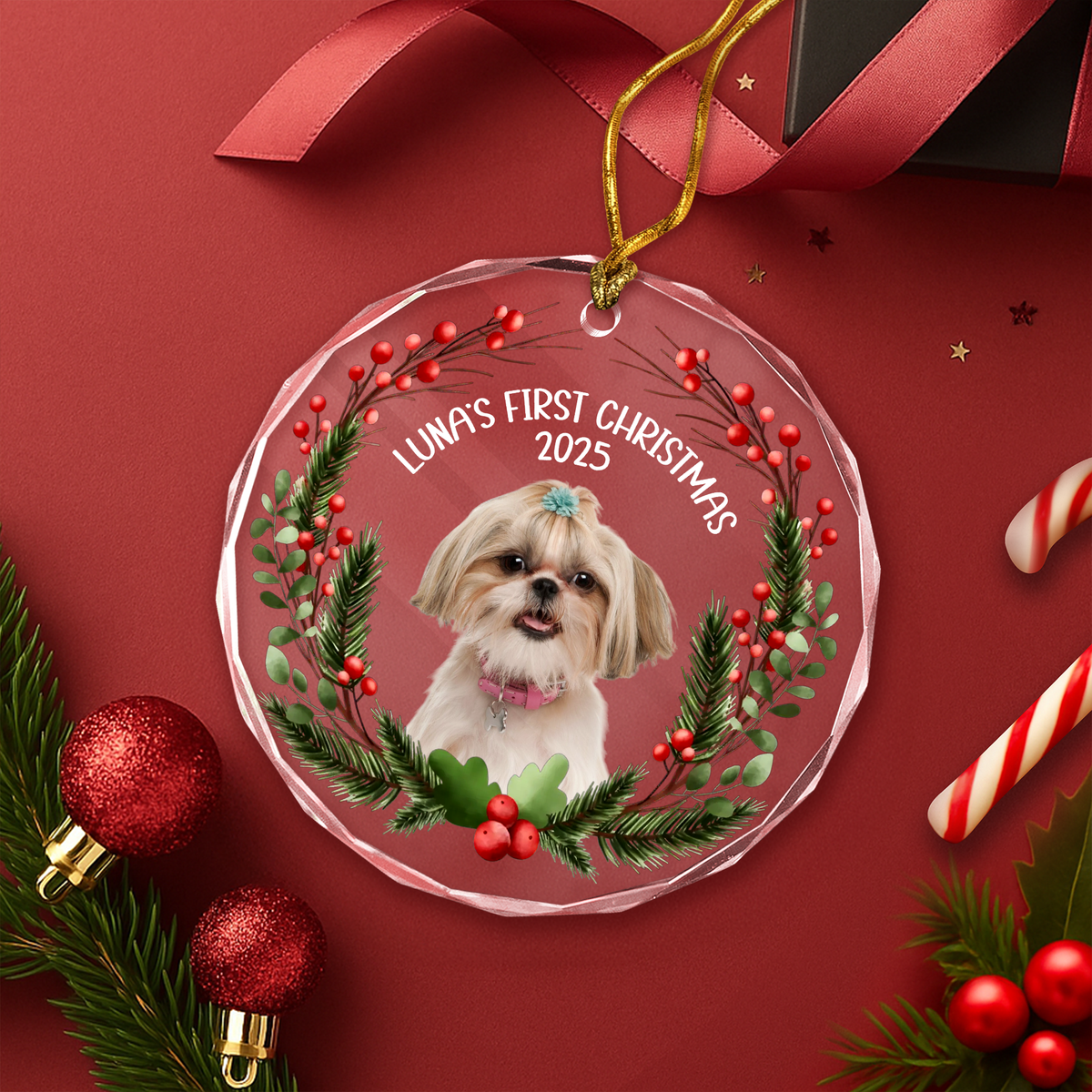 Custom Photo Baby Dog First Christmas 2025 Glass Ornament For Dog Lovers LM32 897103