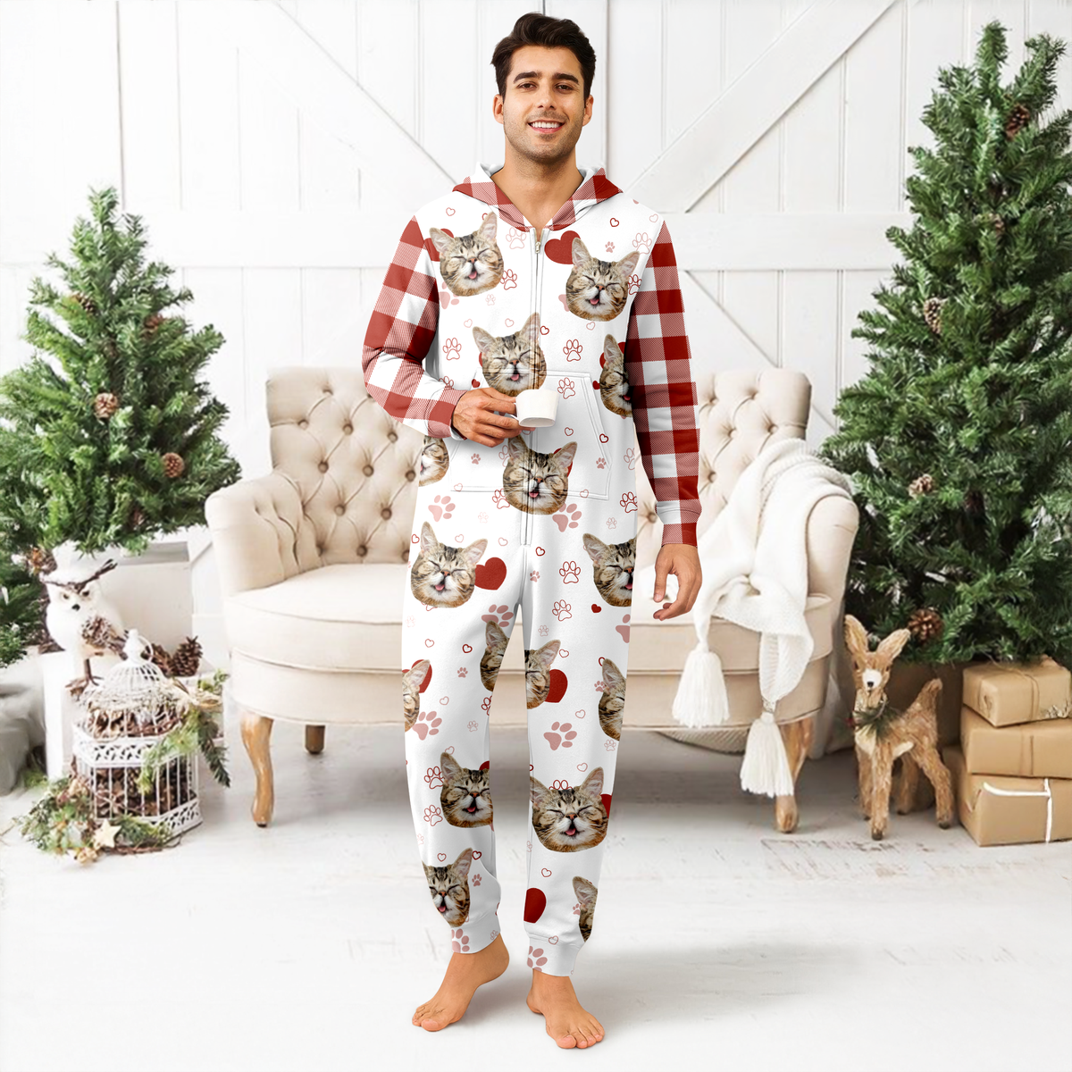 Custom Cat Photo Plaid Onsie Pajamas Christmas Gift For Cat Lovers CH07 899644