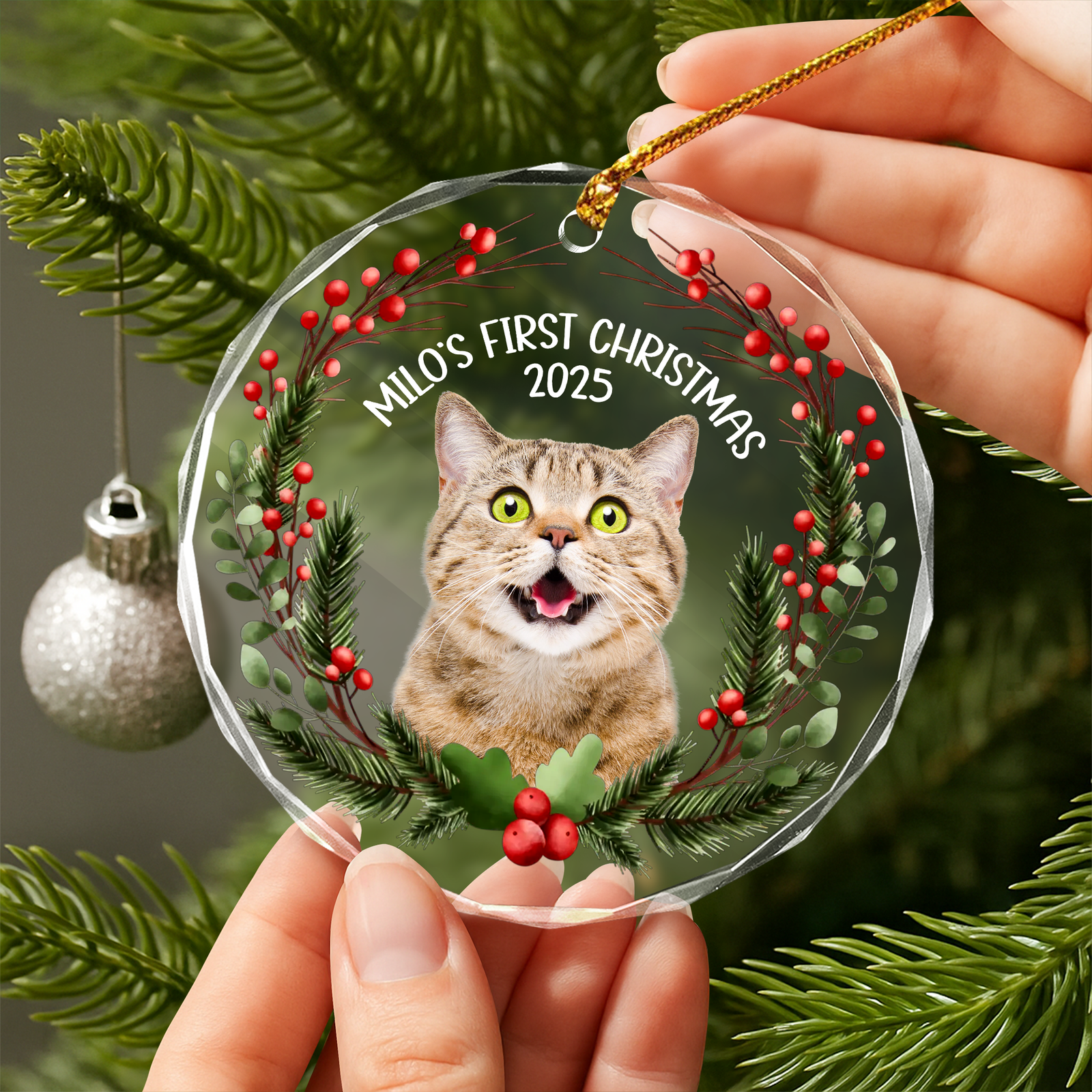 Custom Photo Baby Cat First Christmas 2025 Glass Ornament For Cat Lovers LM32 897105