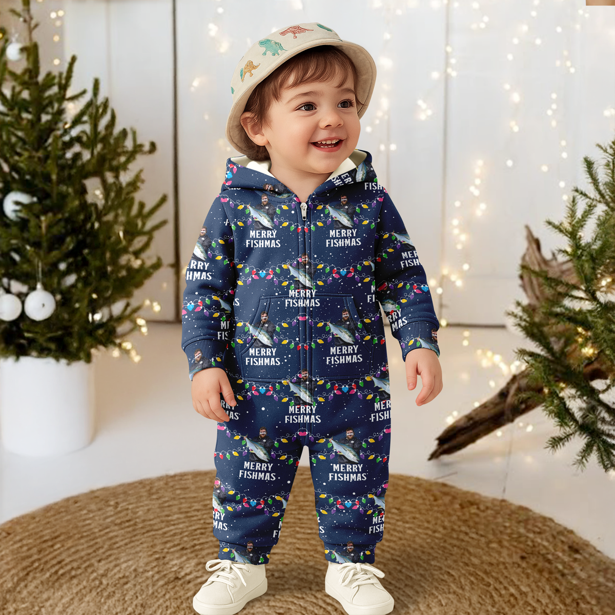 Custom Photo Merry Fishmas Onesie Pajamas, Christmas Gift For Family, Fishing Lovers HO82 900632