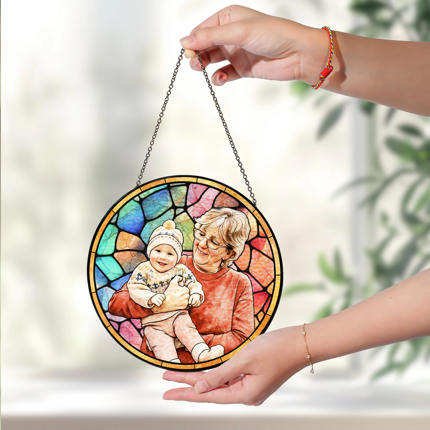 Custom Potrait Photo Grandparents With Kid Family Stained Glass Suncatcher, Mother's Day Gift LM32 899257