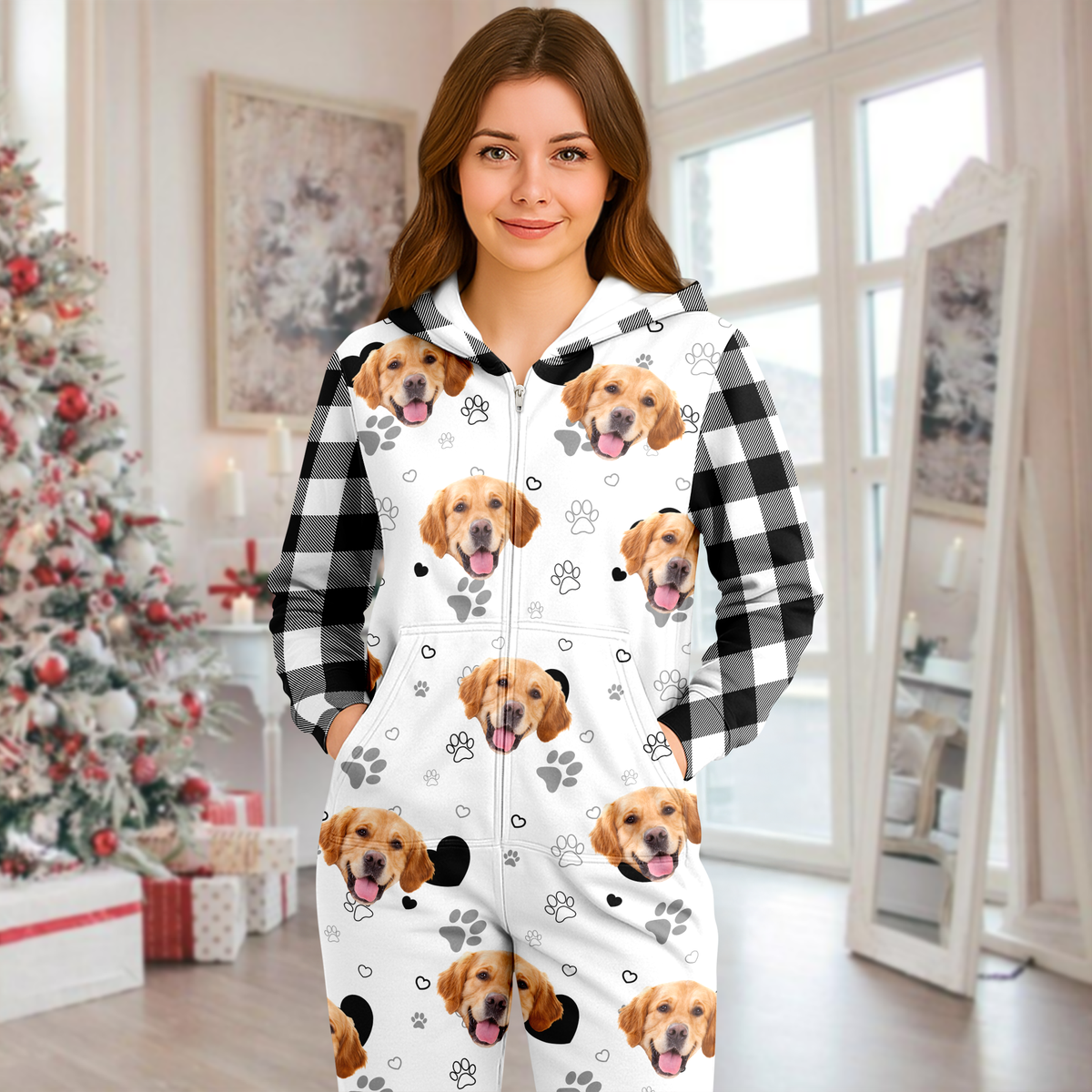 Custom Dog Photo Plaid Onsie Pajamas Christmas Gift For Pet Lovers CH07 896648