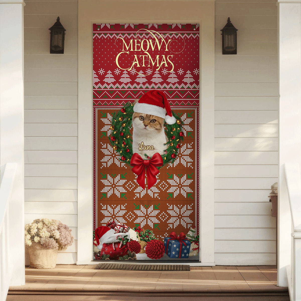 Custom Cat Photo In Wreath Christmas Door Cover Gift For Cat Lovers HO82 900318
