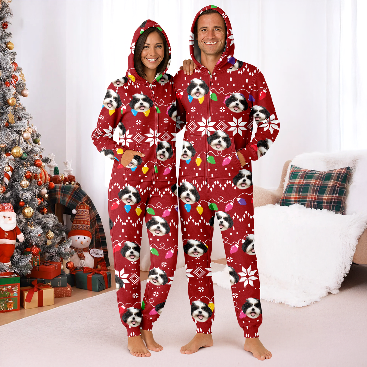 Custom Dog Face Funny Christmas Lights Onesie Pajamas HO82 900390