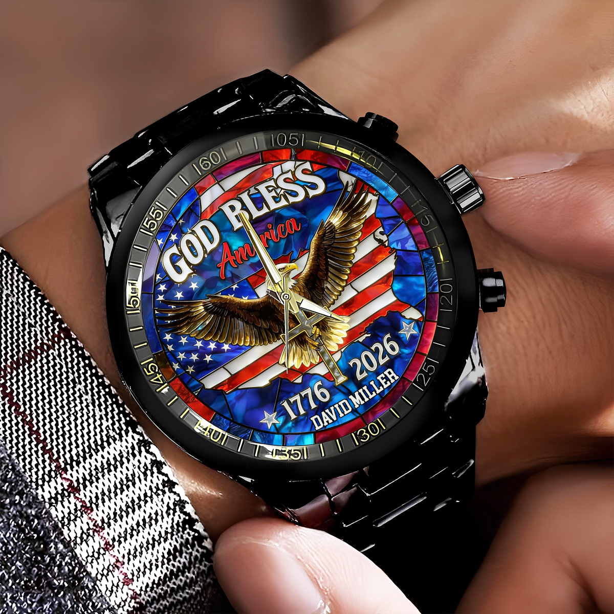 Personalized Name Patriotic 250th Anniversary God Bless America Eagle 1776–2026 Men's Wrist Watch HO82 901558