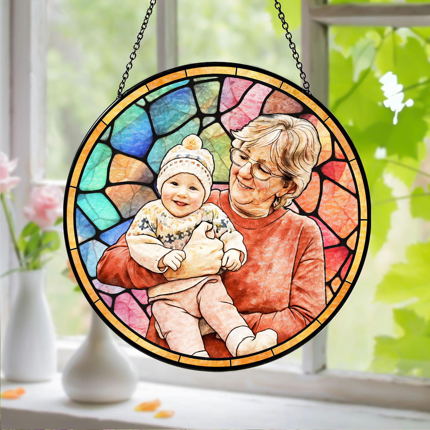 Custom Potrait Photo Grandparents With Kid Family Stained Glass Suncatcher, Mother's Day Gift LM32 899257