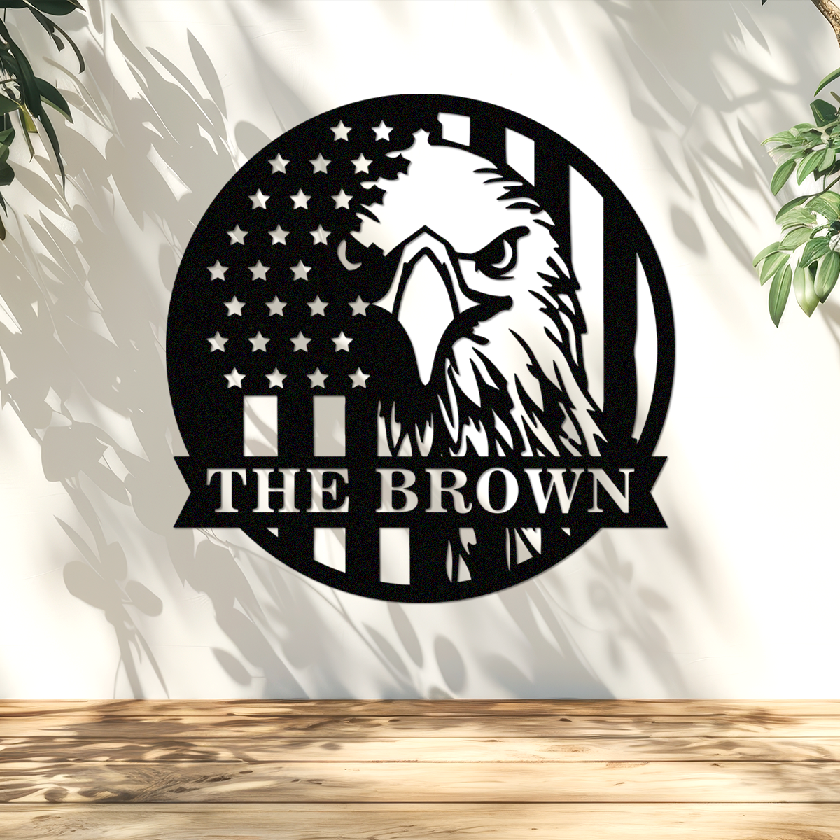 Custom Family Name US Flag With American Eagle Monogram Metal Sign LM32 897899
