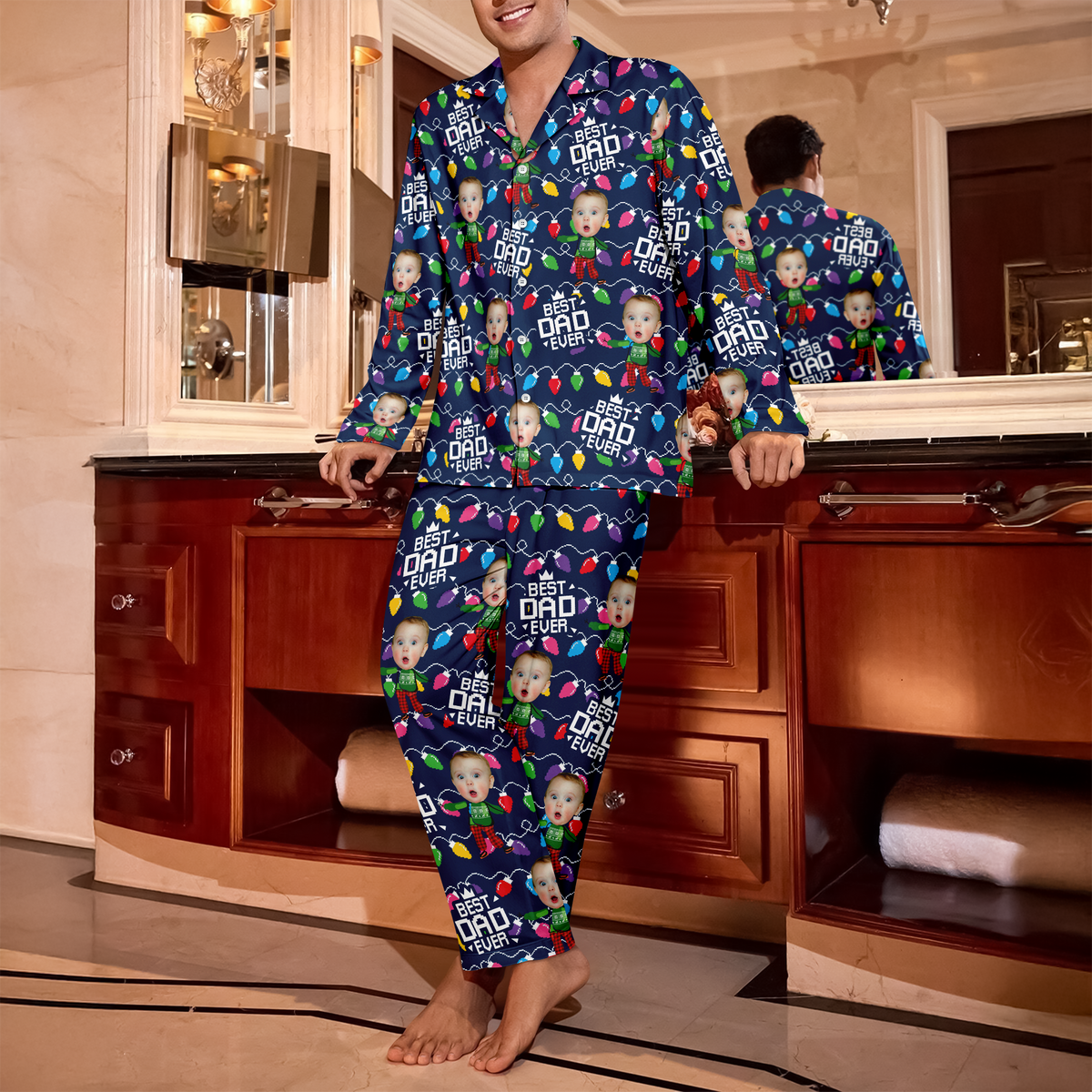 Custom Funny Kid Face Best Dad Ever Christmas Light Pajamas LM32 897263