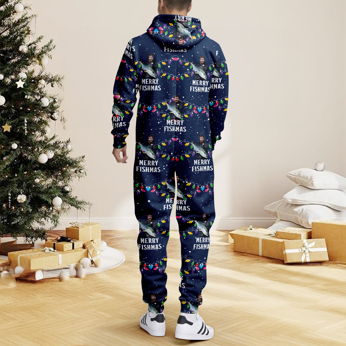 Custom Photo Merry Fishmas Onesie Pajamas, Christmas Gift For Family, Fishing Lovers HO82 900632