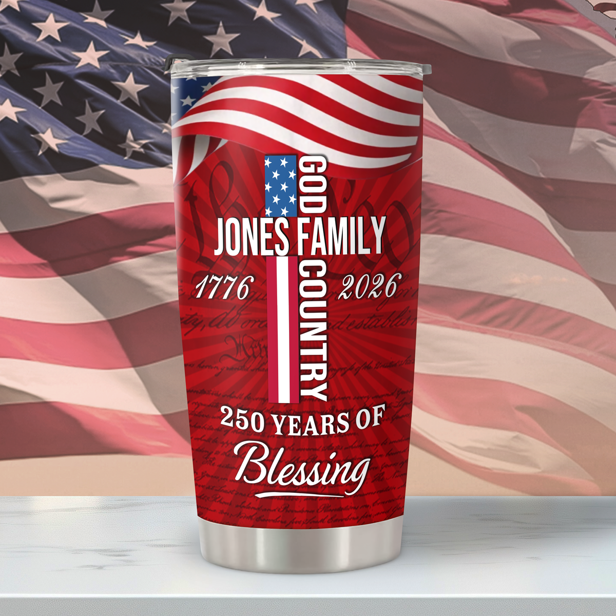 Custom Family Name Patriotic American, 250 Years of Blessing God Fat Tumbler LM32 899015