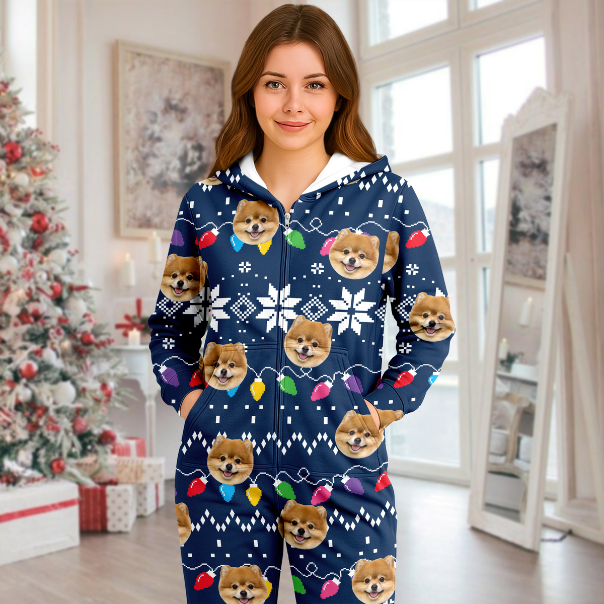 Custom Dog Face Funny Christmas Lights Onesie Pajamas HO82 900390