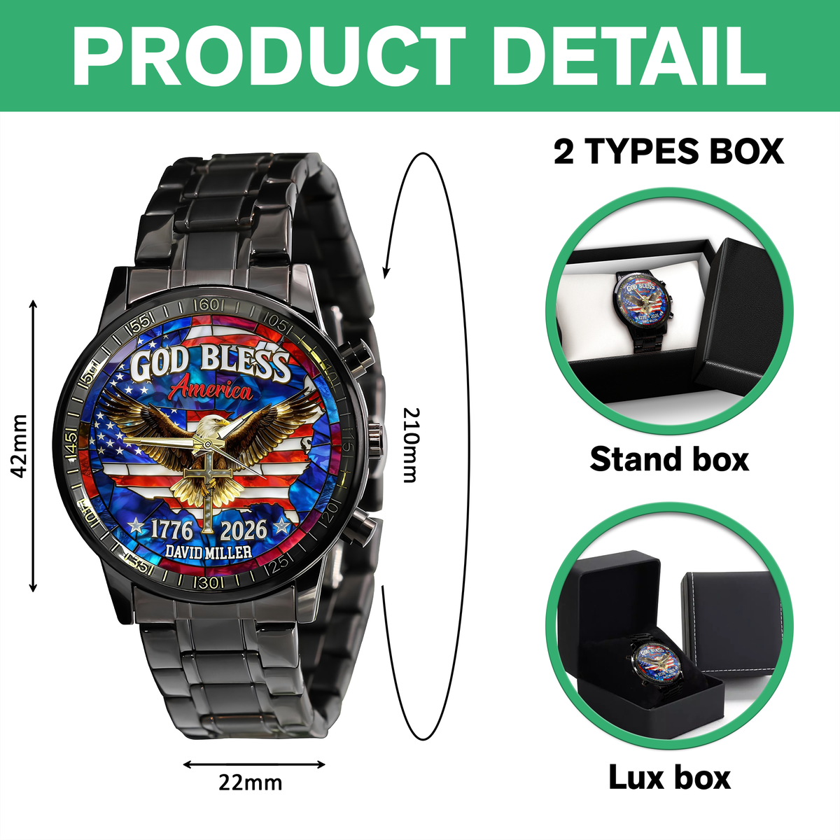 Personalized Name Patriotic 250th Anniversary God Bless America Eagle 1776–2026 Men's Wrist Watch HO82 901558