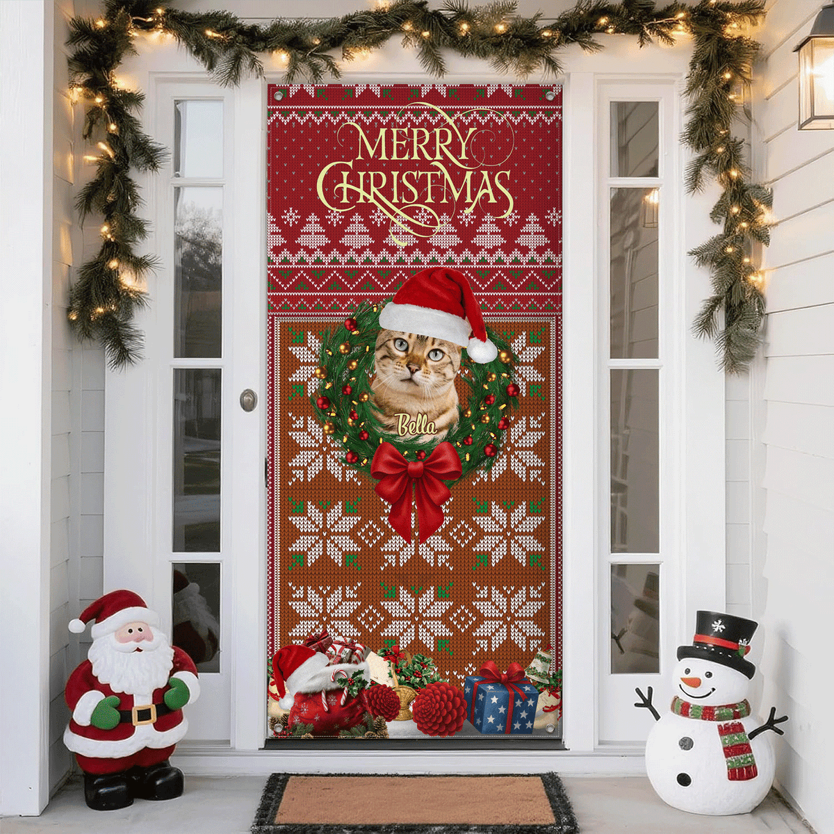 Custom Cat Photo In Wreath Christmas Door Cover Gift For Cat Lovers HO82 900318