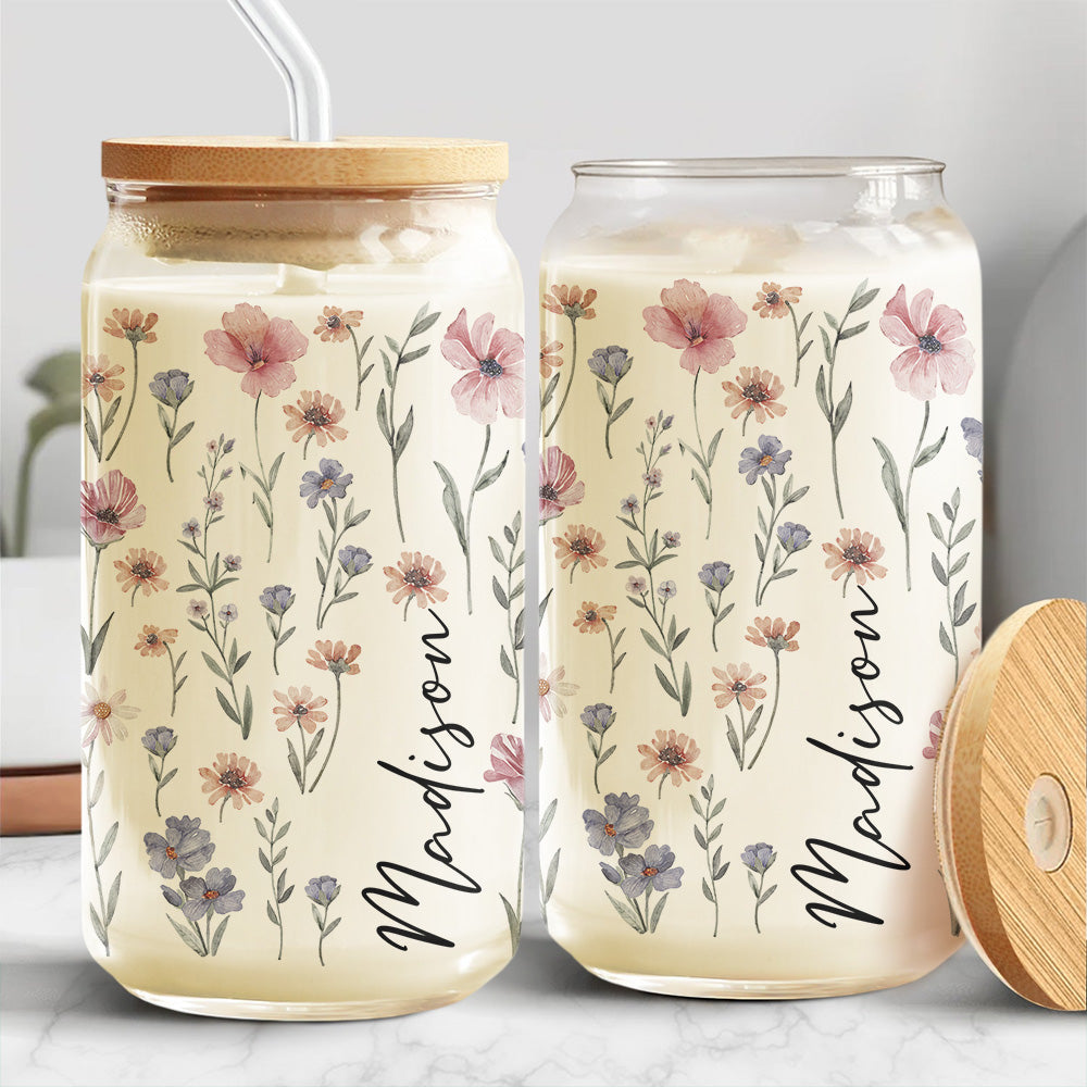 Personalized Custom Name With Floral Glass Can With Lid TH10 896859