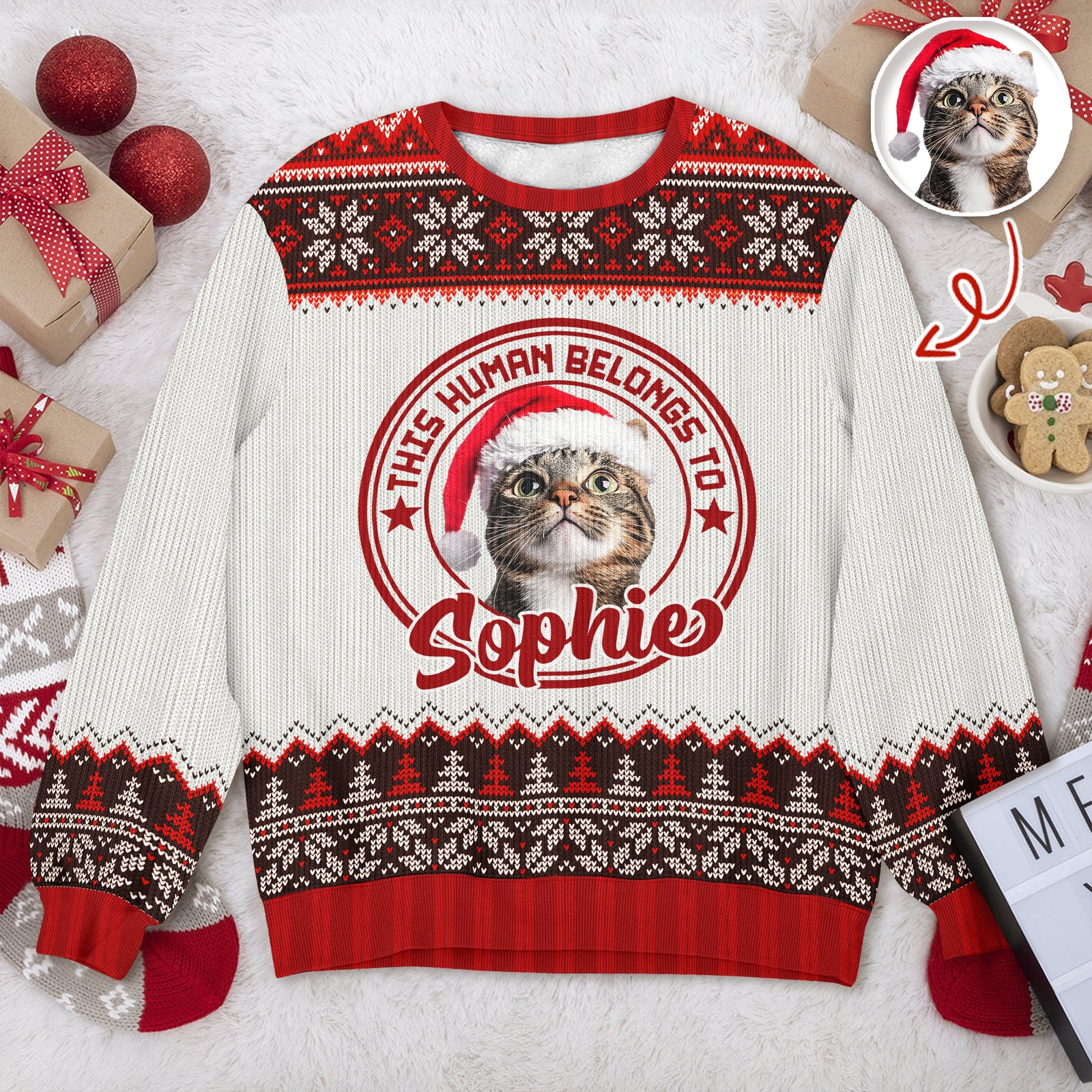 Custom Dog Cat Photo This Human Belongs To Christmas Ugly Sweater TH10 896049