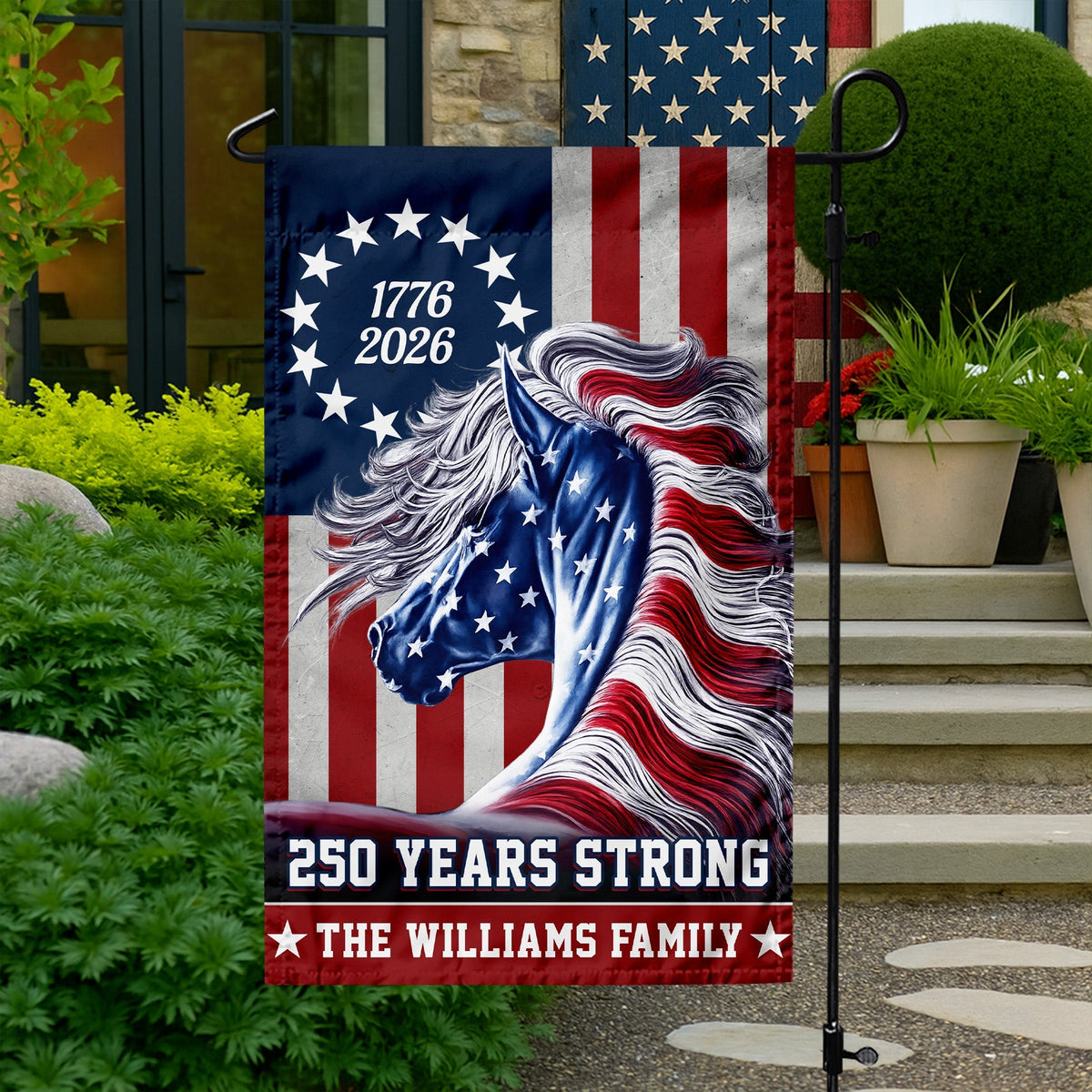 Custom Family Name Patriotic Horse Flag, 250 Years Strong Patriotic Garden Flag HA75 920128