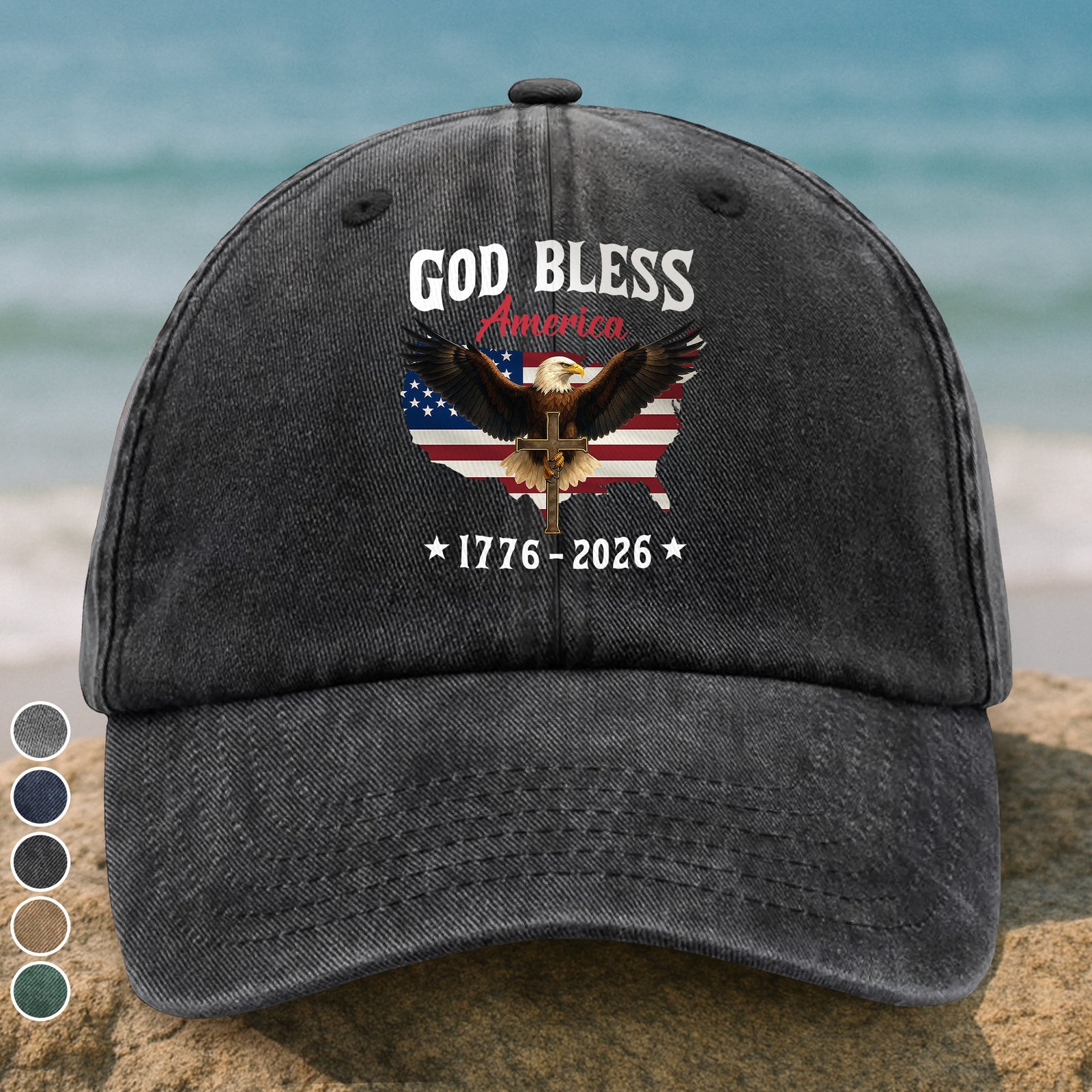Patriotic 250th Anniversary God Bless America Eagle 1776–2026 Washed Denim Baseball Cap HO82 900978