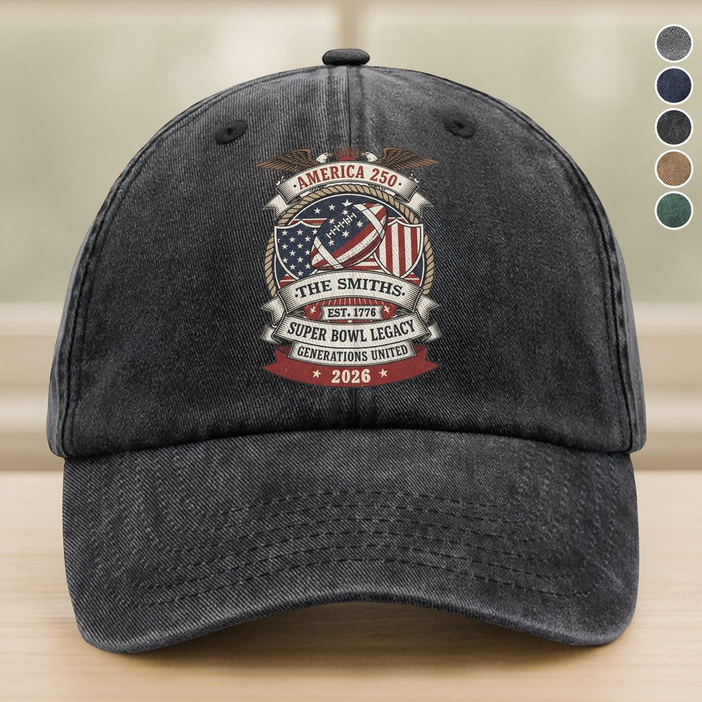 Custom Family Name American 250 Super Bowl Legacy Washed Denim Baseball Cap LM32 897875