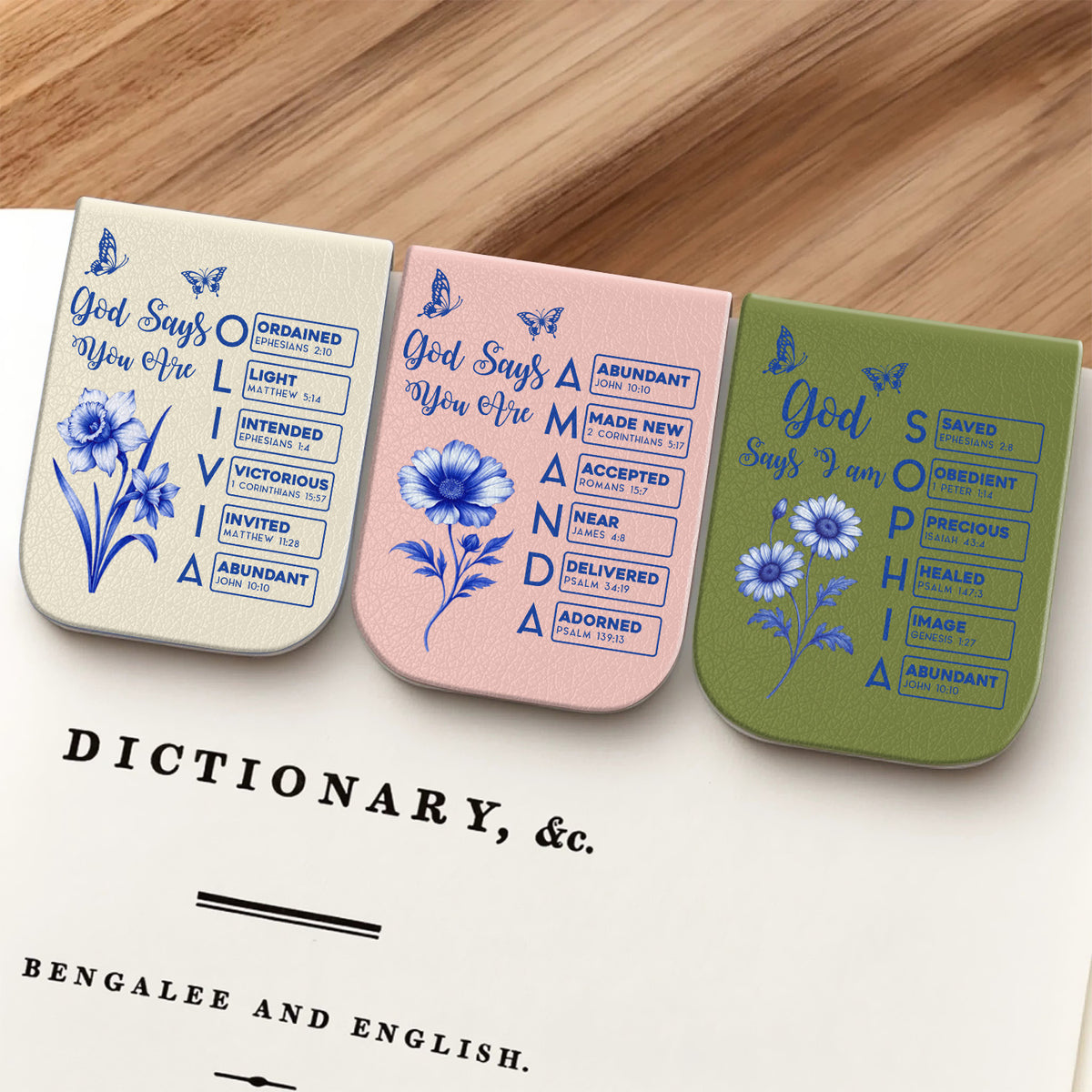 Gods Says I Am Name In Bible Toile De Jouy Style - Personalized Leather Magnetic Bookmark CH07 899538