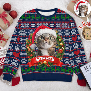 Custom Cat Photo With Christmas Wreath Ugly Sweater TH10 896275
