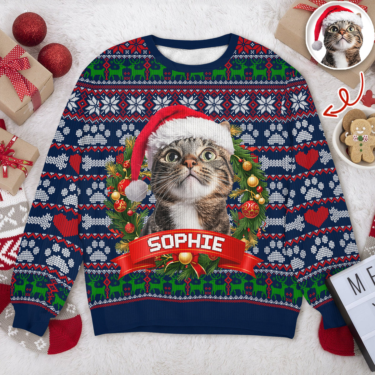 Custom Cat Photo With Christmas Wreath Ugly Sweater TH10 896275