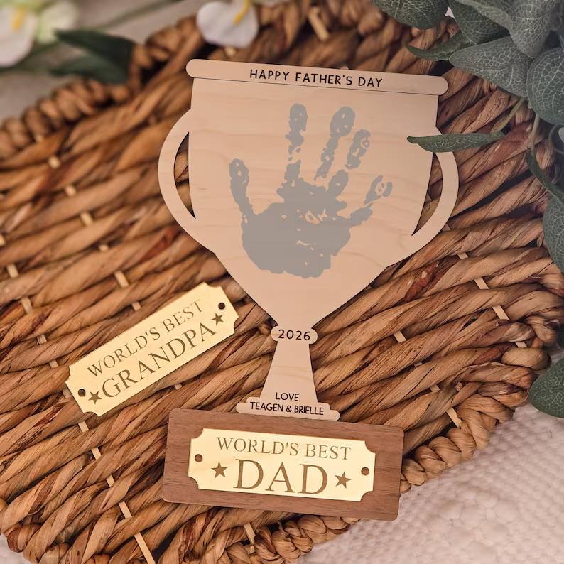 Personalized Father’s Day Handprint Wood Sign - Dad Grandpa Gift, Kids Handprint Keepsake, Trophy Dad Grandpa HO82 902406