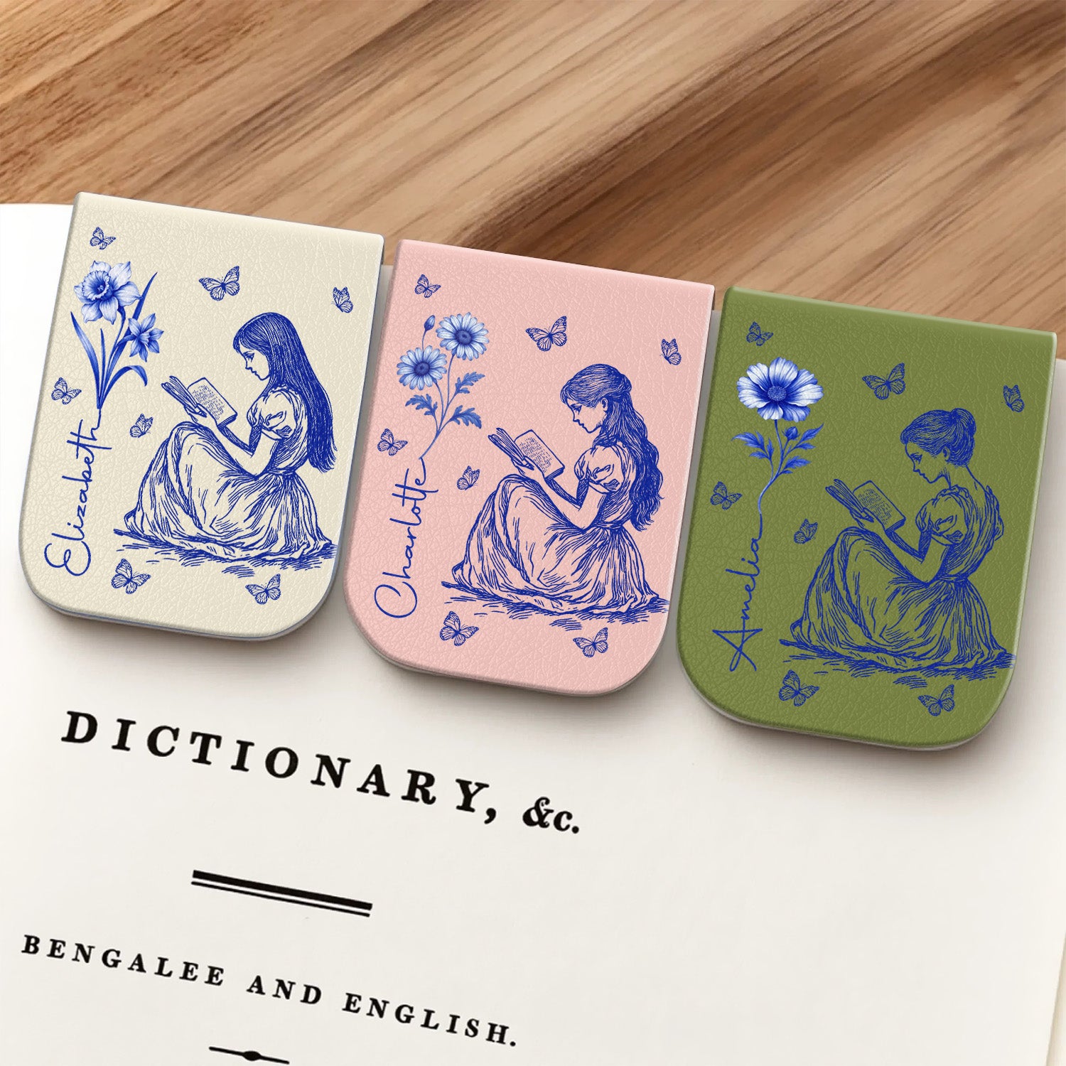 Birth Flower Book Lovers Toile De Jouy - Personalized Leather Magnetic Bookmark CH07 899540