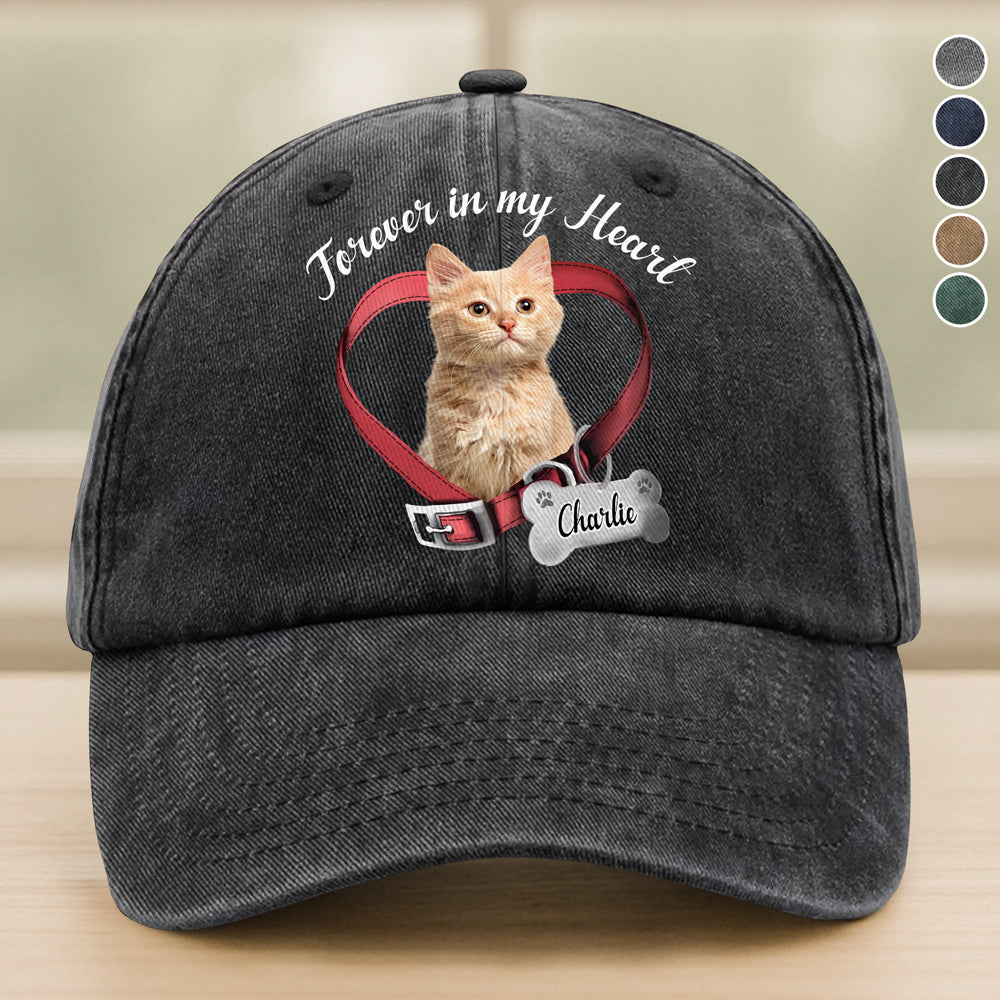 Custom Cat Photo Forever In My Heart Memorial Washed Denim Baseball Cap HA75 897224