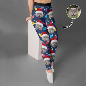 Custom Cat Face Photo With Colorful Christmas Lights Legging HO82 900478