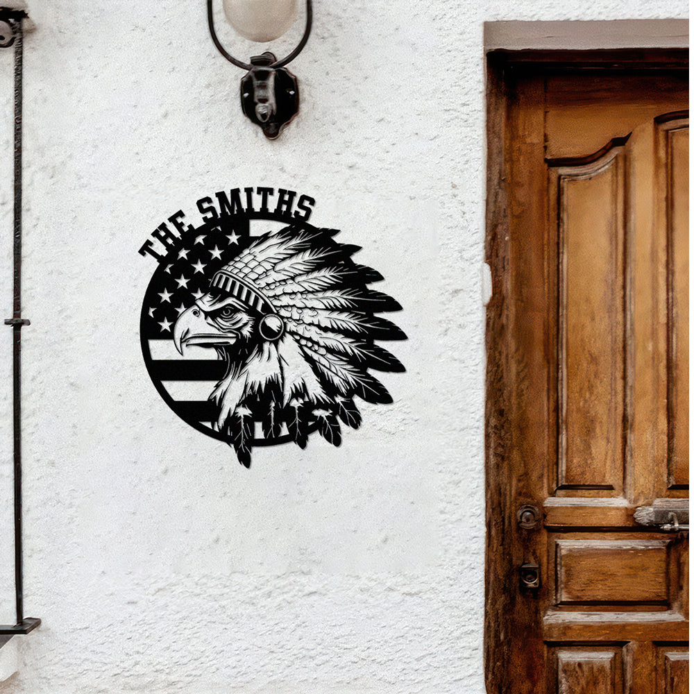Custom Family Name Patriotic Native Eagle Metal House Metal Sign, Patriotic Wall Art HO82 901160