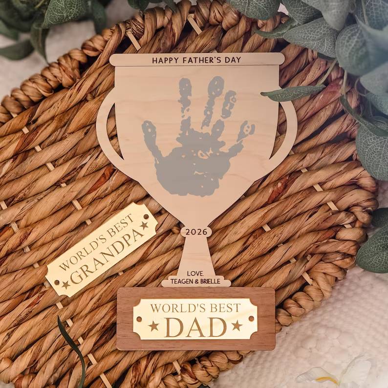 Personalized Father’s Day Handprint Wood Sign - Dad Grandpa Gift, Kids Handprint Keepsake, Trophy Dad Grandpa HO82 902406