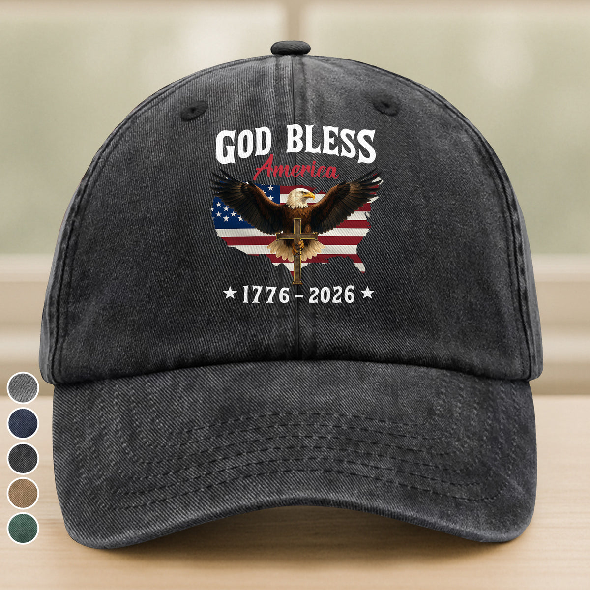 Patriotic 250th Anniversary God Bless America Eagle 1776–2026 Washed Denim Baseball Cap HO82 900978