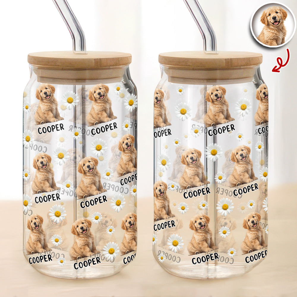 Custom Dog Photo And Name Daisy Glass Can With Lid Gift TH10 896787