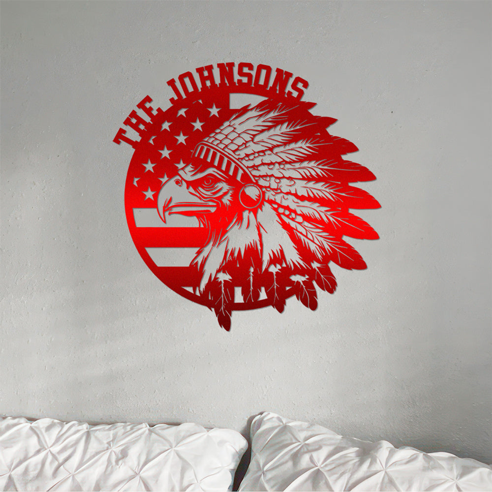 Custom Family Name Patriotic Native Eagle Metal House Metal Sign, Patriotic Wall Art HO82 901160