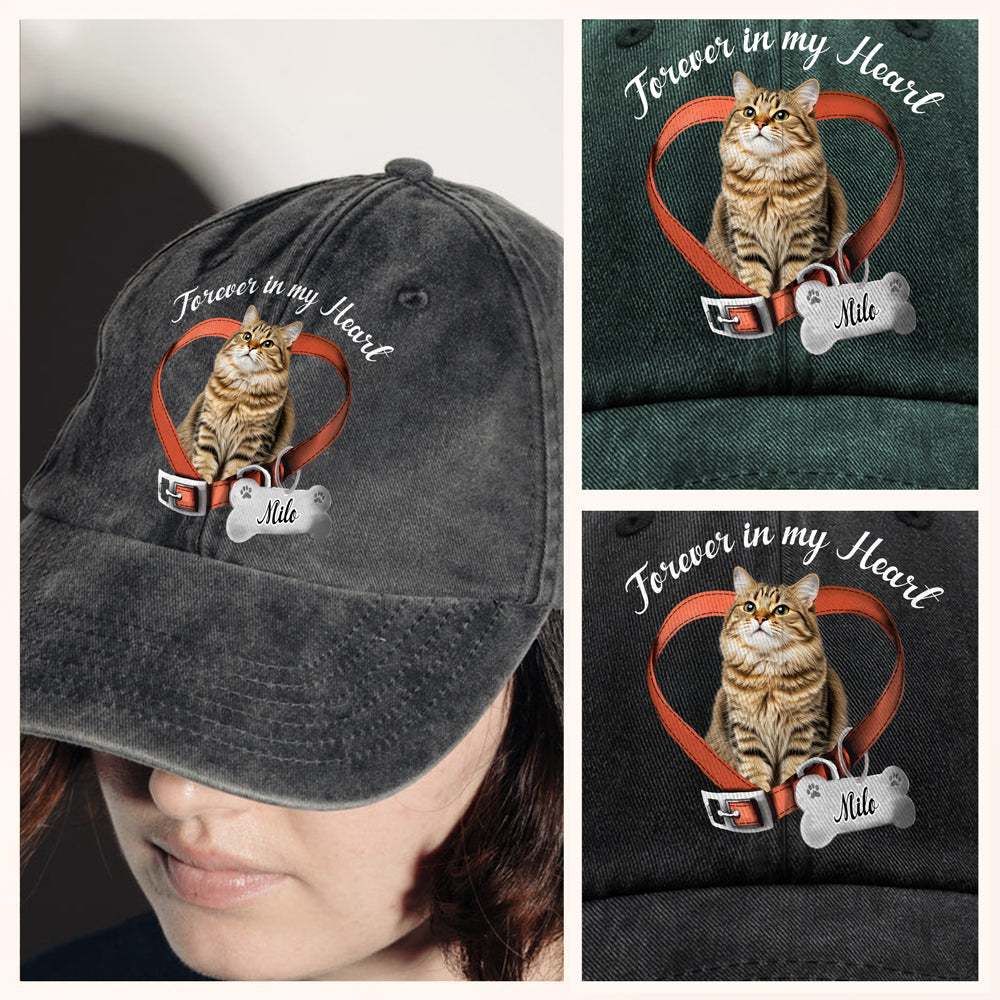 Custom Cat Photo Forever In My Heart Memorial Washed Denim Baseball Cap HA75 897224