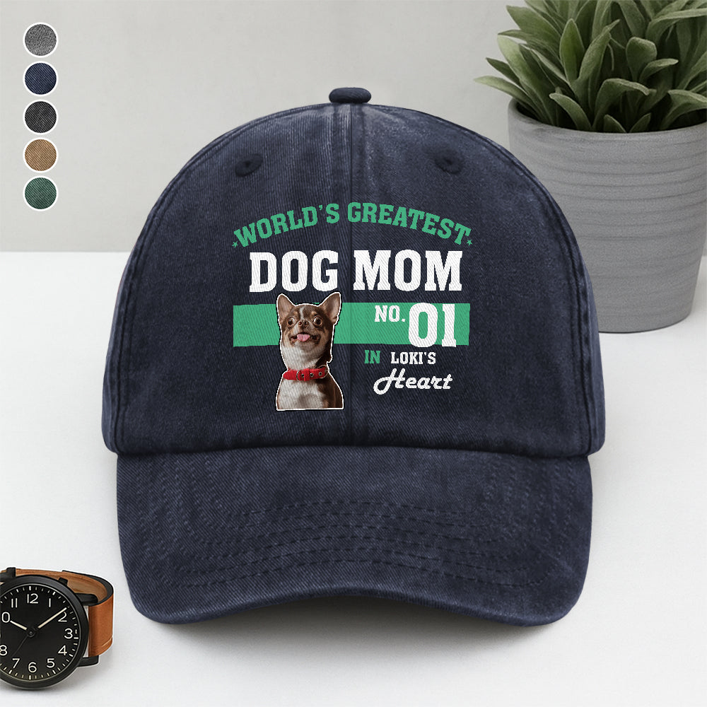 Custom Photo World's Greatest Dog Mom No.1 Washed Denim Baseball Cap LM32 895565