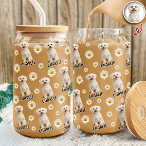Custom Dog Photo And Name Daisy Glass Can With Lid Gift TH10 896787