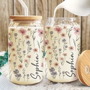 Personalized Custom Name With Floral Glass Can With Lid TH10 896859