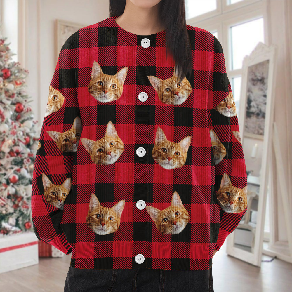 Custom Cat Face Photo With Christmas Pattern Ugly Cardigan CH07 899824