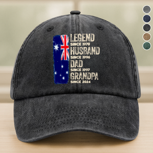 Custom American Flag Legend, Husband, Dad And Grandpa Washed Denim Baseball Cap LM32 895001